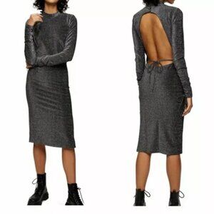Topshop Silver Glitter Open-Back Long Sleeve Cocktail Dress – Size US 4